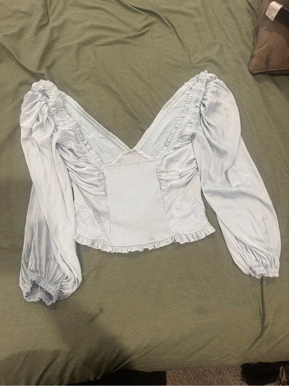 Free People Pale Gray Embroidered Puff-Sleeve Bustier